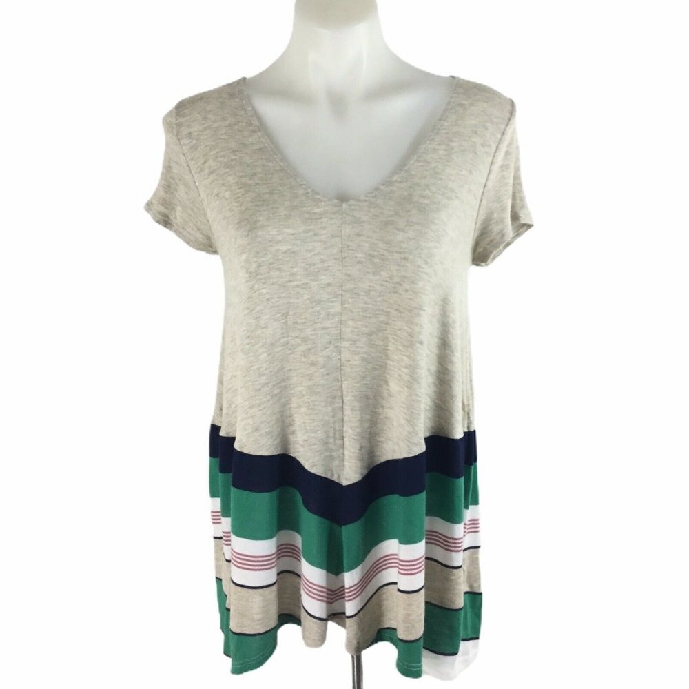 Puella Anthropologie Green Stripe V-Neck Swing Tee